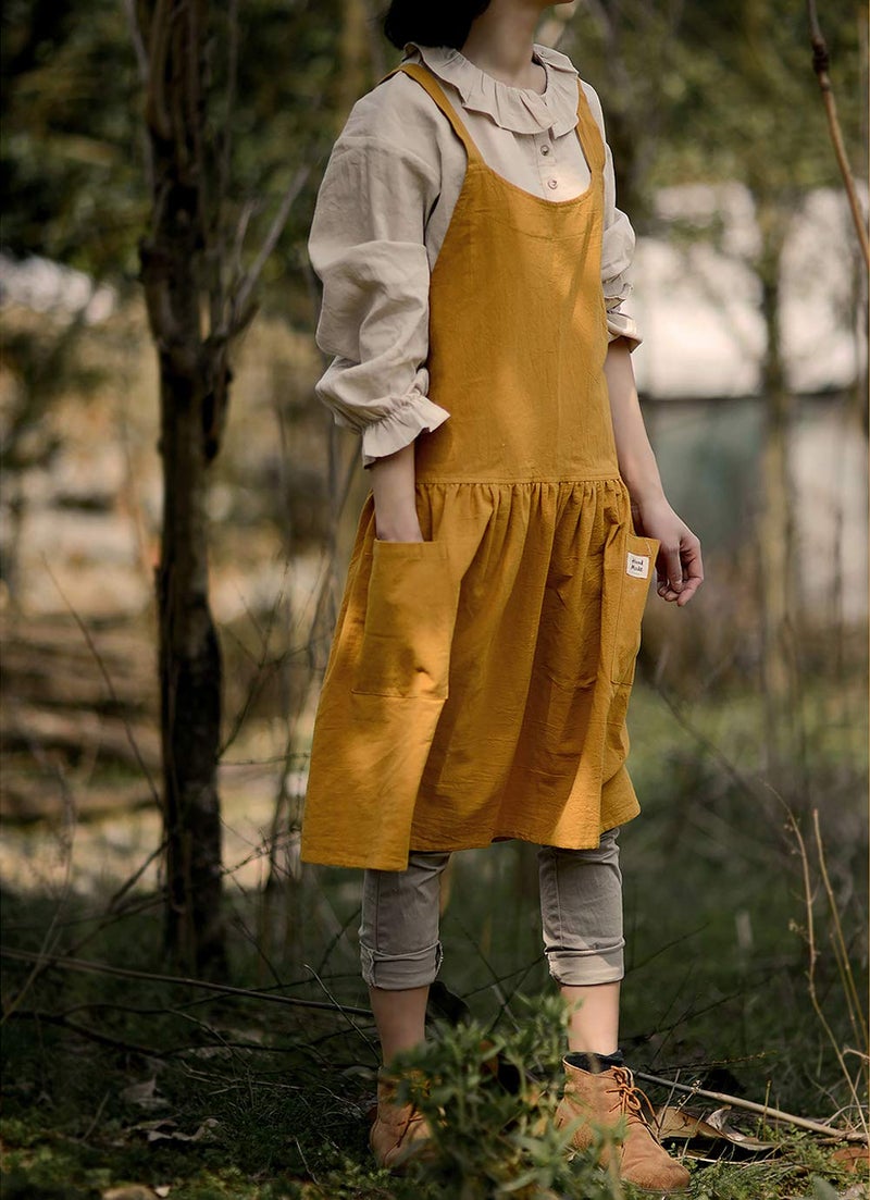 NEWGEM Cotton Linen Cross Back Apron for Women with Pockets for Painting Gardening Yellow with Waist Ties - Image 4